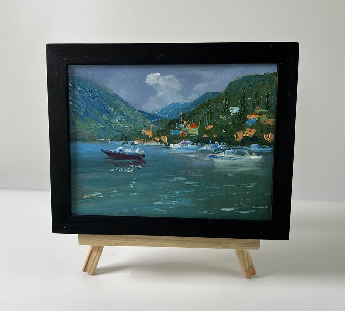 Oil painting Boats near the mountains Yuriy Suprunchuk: Title: Oil painting Boats near the mountains Yuriy Suprunchuk Description: NoAAA5777The Oil painting Cardboard titled "Boats near the mountains" captures the tranquil and majestic beauty of nature