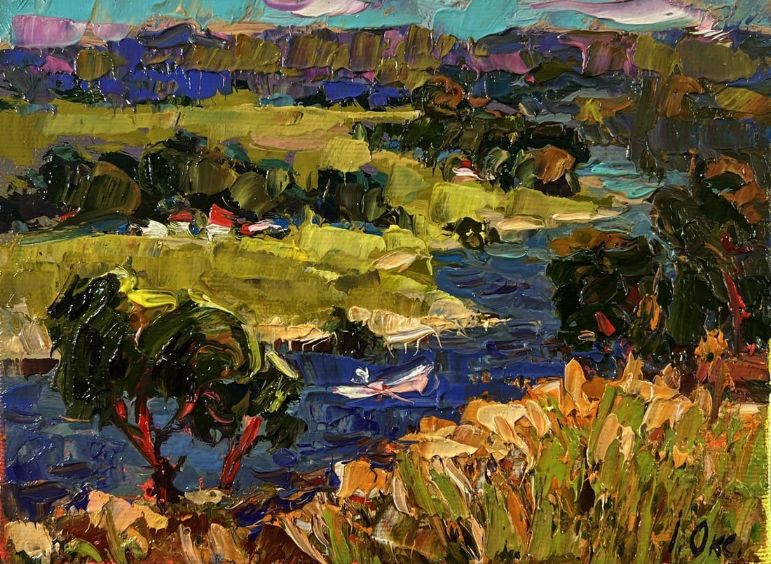 Oil painting Winding village river Oksana Ivanyuk - 3