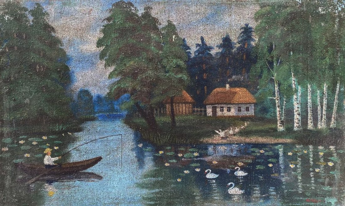 Oil painting Fisherman in a village river Unknown artist (1 of 4)