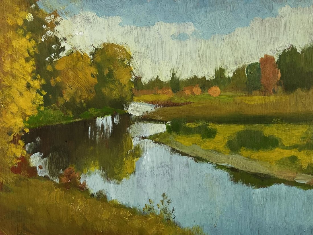 Oil painting Autumn landscape with a river view Mykhailo Burdylo - 3