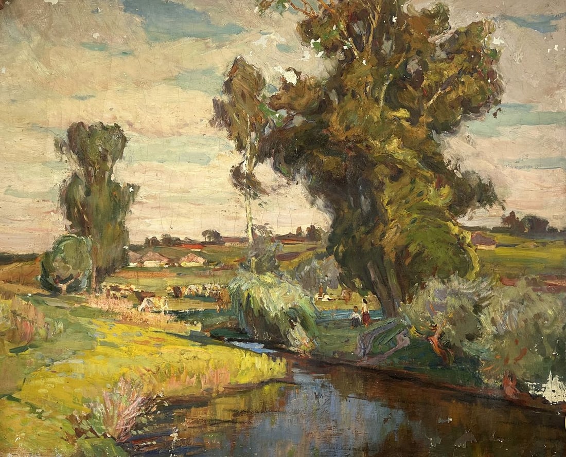 Oil painting A river flows through the steppe Yuri Lyubavin: Title: Oil painting A river flows through the steppe Yuri Lyubavin Description: NoAAA5188The oil painting on Canvas titled "A River Flows Through the Steppe" evokes a timeless pastoral serenity,
