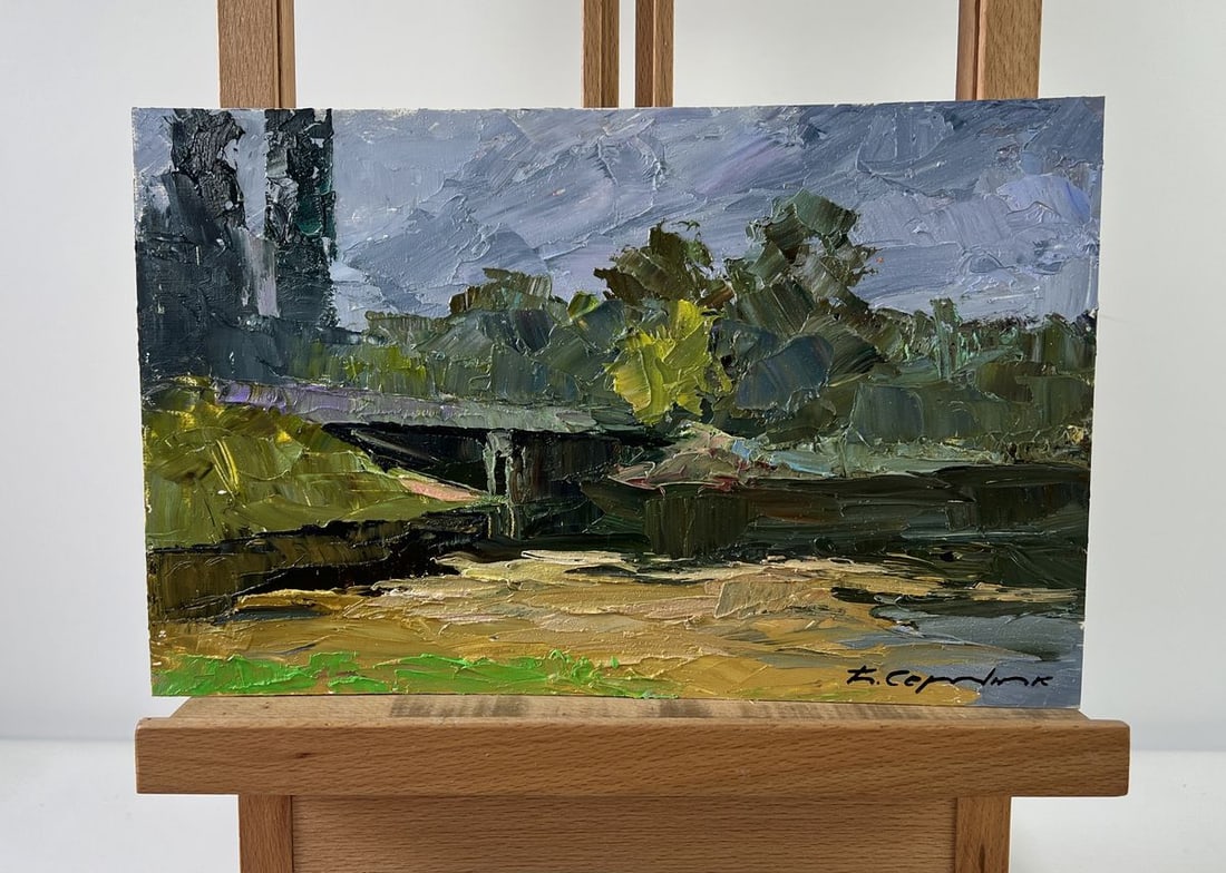 Oil painting Bridge over water Boris Serdyuk: Title: Oil painting Bridge over water Boris Serdyuk Description: NoAAA5311The oil painting on Cardboard titled "Bridge over Water" captures a quiet, contemplative moment in nature, where man-made stru