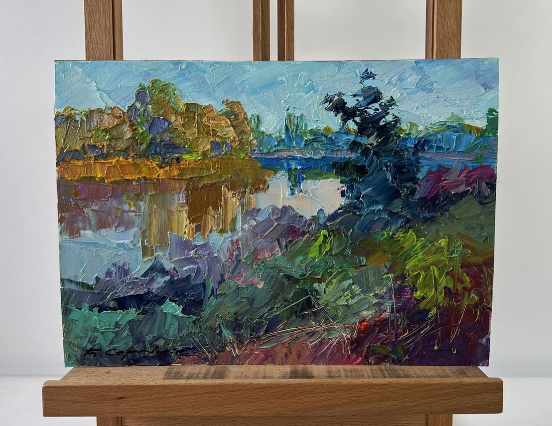 Oil painting The world is in water Boris Serdyuk: Title: Oil painting The world is in water Boris Serdyuk Description: NoAAA5320The oil painting on Cardboard titled "The world is in water" offers a poetic meditation on reflection, both visual and phi