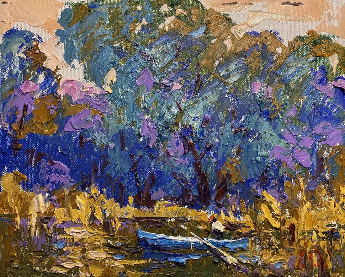 Oil painting Boating on the river Alex Kalenyuk: Title: Oil painting Boating on the river Alex Kalenyuk Description: NoKalen 1497The oil painting on canvas titled "Boating on the River" is a vibrant and expressive celebration of a tranquil moment