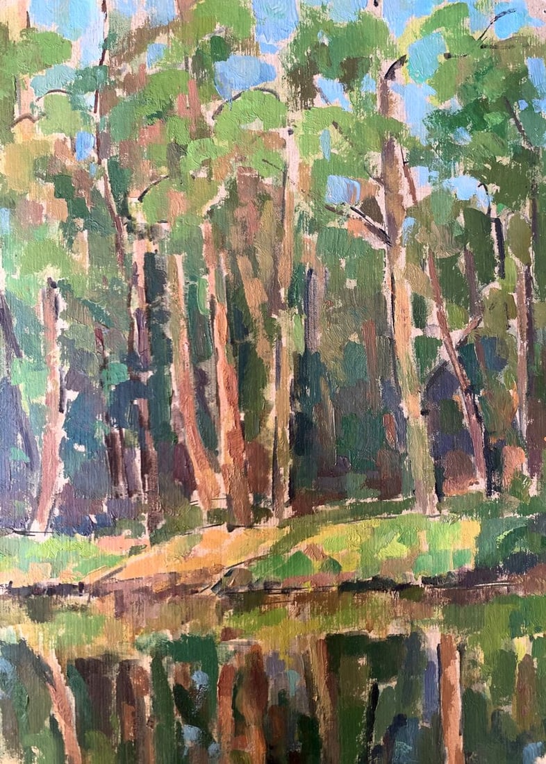 Oil painting Shore in the forest Peter Tovpev: Title: Oil painting Shore in the forest Peter Tovpev Description: NoAAA3407"Shore in the Forest" is a captivating Oil painting that vividly portrays the dense beauty of a forested shoreline. The