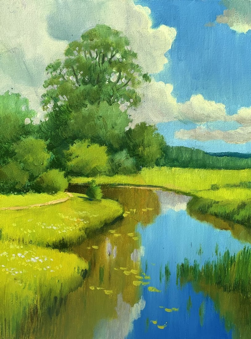 Oil painting Hot summer days Mykhailo Burdylo: Title: Oil painting Hot summer days Mykhailo Burdylo Description: NoAAA3415The oil painting titled "Hot Summer Days" captures the calm beauty of a sunny countryside scene, evoking warmth and