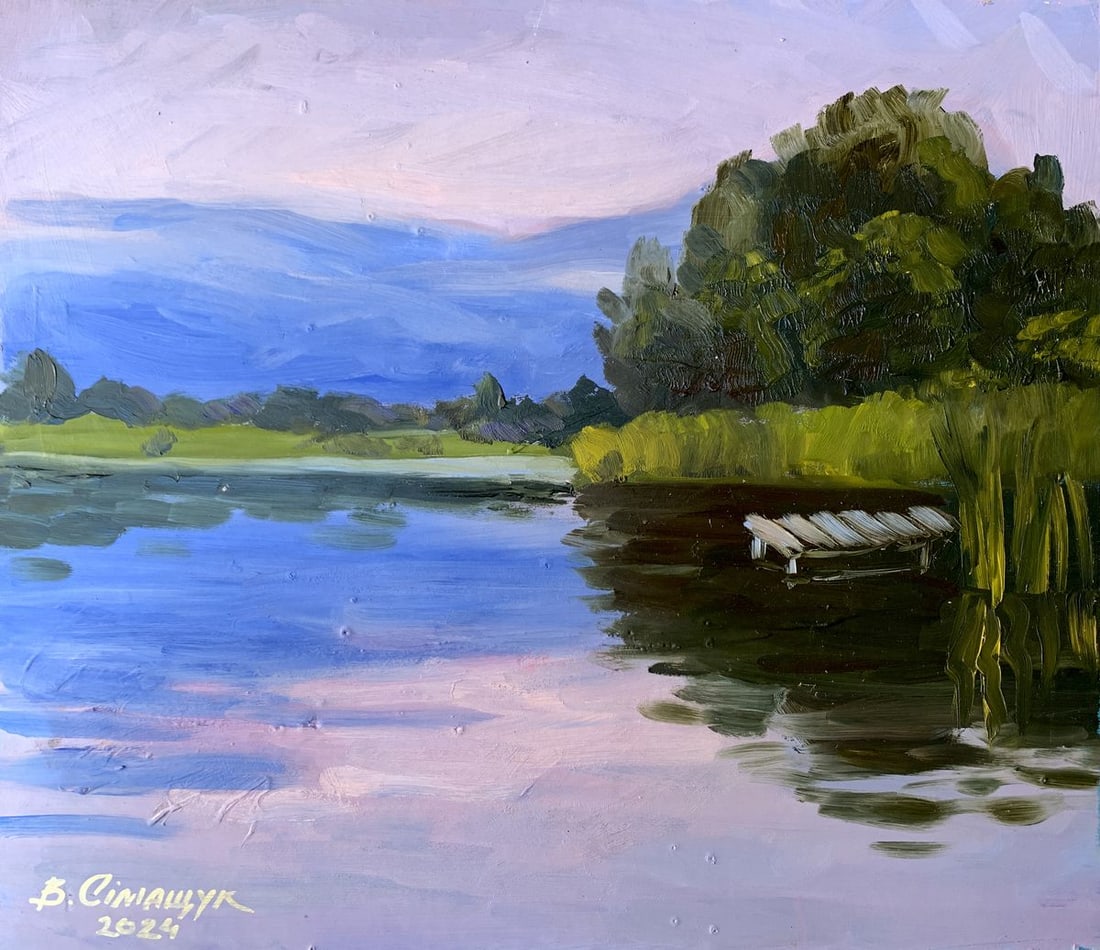Oil painting Fishing spot Valentina Simashchuk: Title: Oil painting Fishing spot Valentina Simashchuk Description: NoAAA3572The painting titled "Fishing Spot", created with oil on cardboard, invites the viewer into a serene and tranquil scene by a