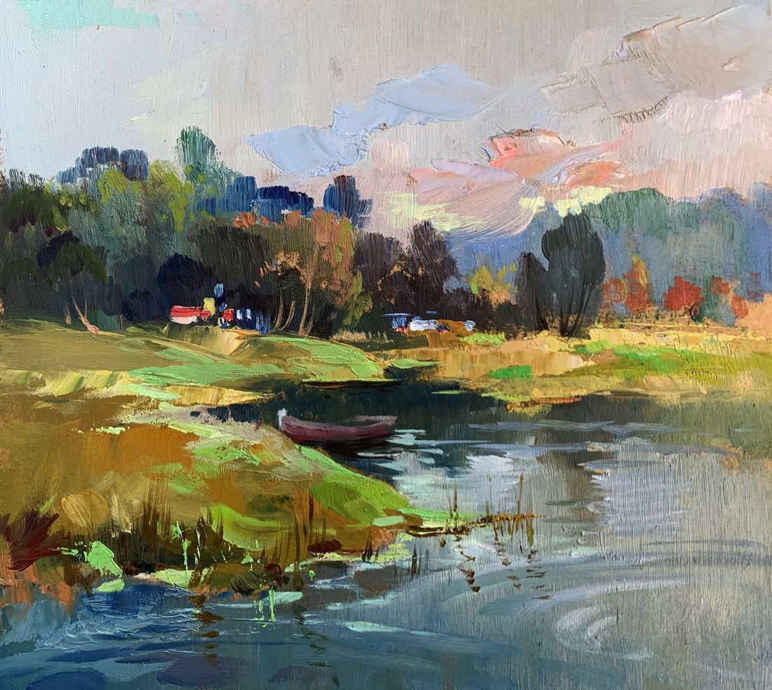 Oil painting On the left bank of the river Yuriy Suprunchuk: Title: Oil painting On the left bank of the river Yuriy Suprunchuk Description: NoAAA3624The painting "On the Left Bank of the River" captures a serene and picturesque riverside landscape, inviting th