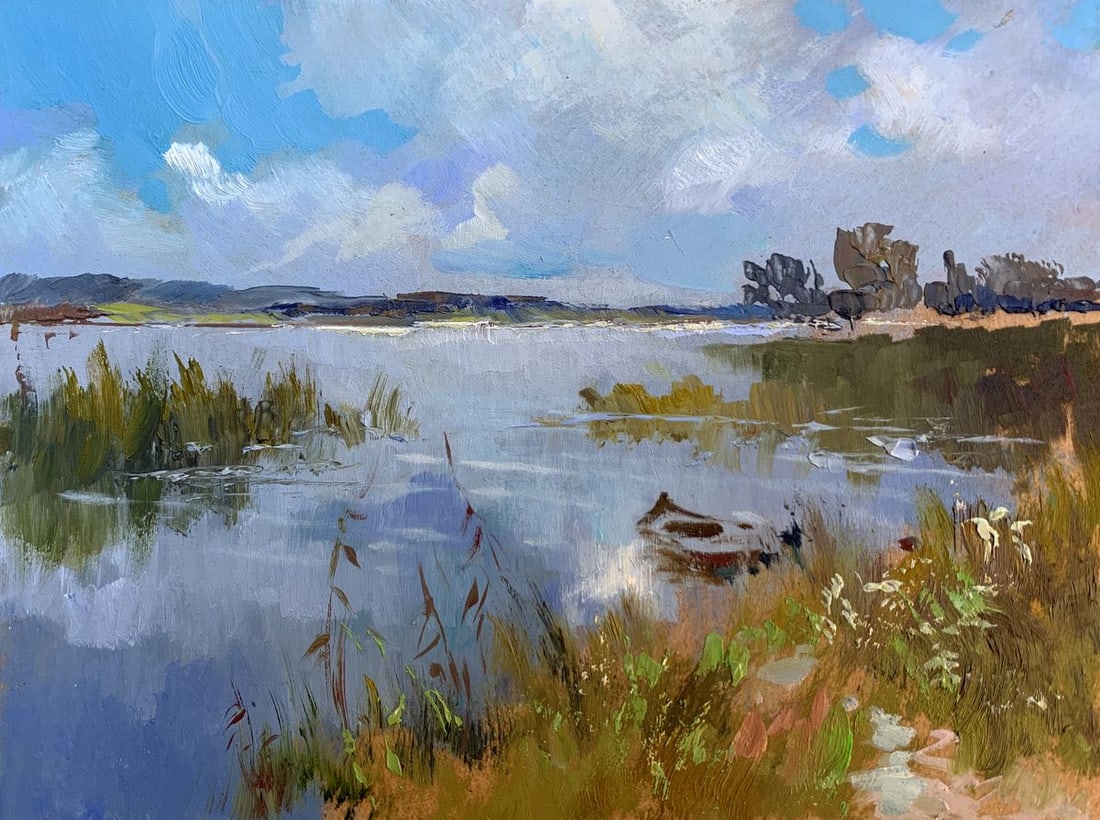 Oil painting Enjoying nature Yuriy Suprunchuk: Title: Oil painting Enjoying nature Yuriy Suprunchuk Description: NoAAA3638The painting "Enjoying Nature" beautifully captures the tranquility and richness of a riverside landscape, immersing the view