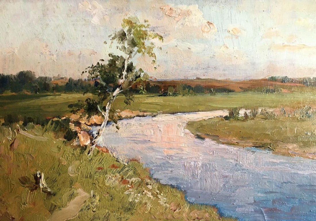 Oil paintign River landscape Sergeyev N. S.: Title: Oil paintign River landscape Sergeyev N. S. Description: NoVerns 61 *** ABOUT THIS PAINTING *** * TITLE: "River landscape" * ARTISTS: Sergeyev N. S. * SIZE: 24.5x17.5 cm/'9.44x6.88 inches' * ME