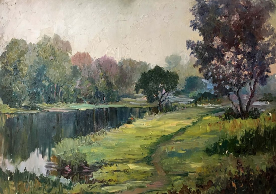 Oil painting River landscape Lednev Dmytro Yakovych: Title: Oil painting River landscape Lednev Dmytro Yakovych Description: NoVerns 65 *** ABOUT THIS PAINTING *** * TITLE: "River landscape" * ARTISTS: Lednev Dmytro Yakovych * SIZE: 49x34.5 cm/'19.29x13