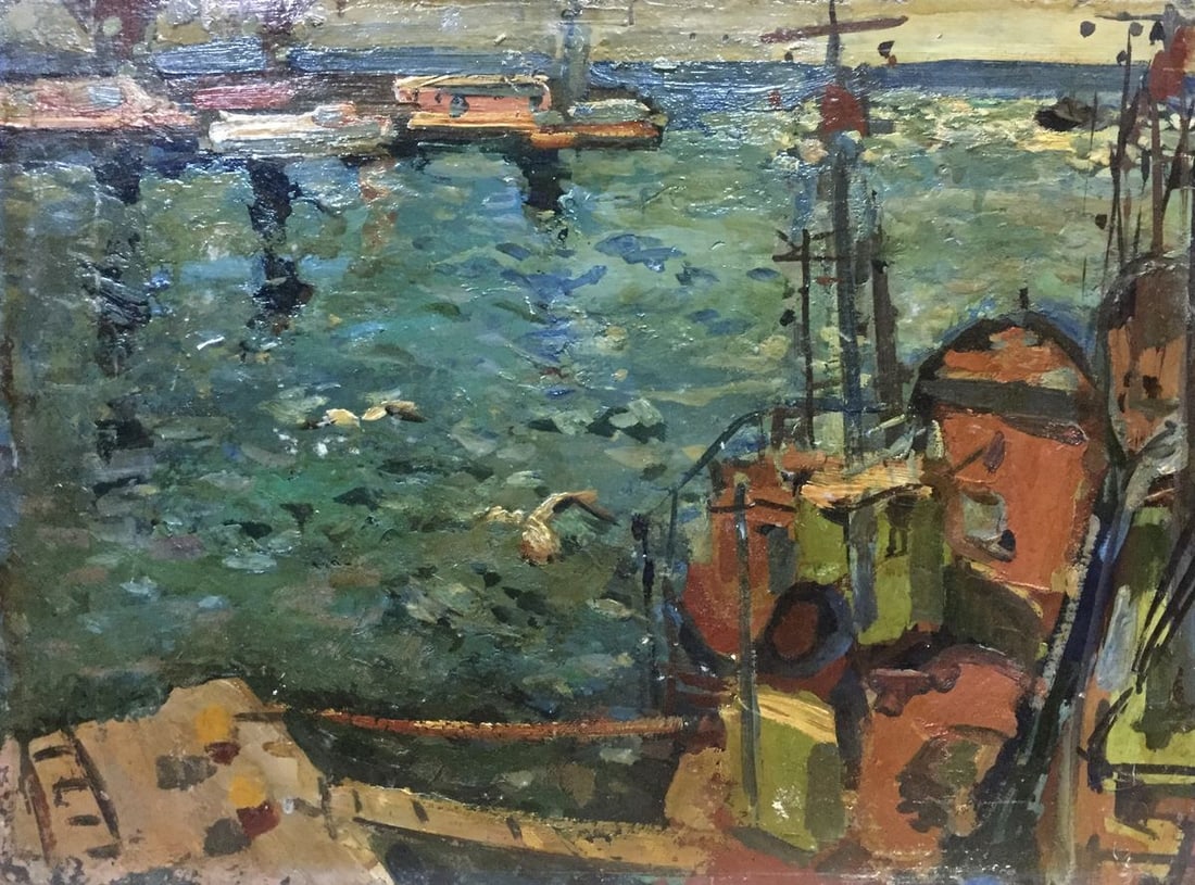 Oil painting River port Karelin Vyacheslav: Title: Oil painting River port Karelin Vyacheslav Description: NoVern 164 *** ABOUT THIS PAINTING *** * TITLE: "River port" * ARTISTS: Karelin Vyacheslav * SIZE: 44x60 cm/'17.32x23.62 inches' *
