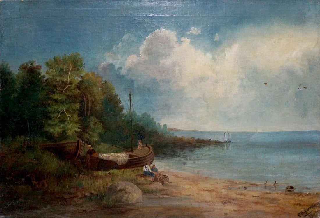 Oil painting People near the shore Lorentsev R.: Title: Oil painting People near the shore Lorentsev R. Description: NoVern 1574 *** ABOUT THIS PAINTING *** * TITLE: "People near the shore" * ARTISTS: Lorentsev R. * SIZE: 56x88 cm/'22.04x34.64 inche