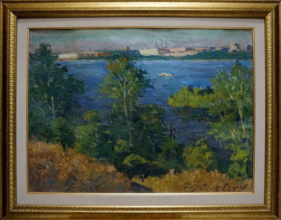 Oil painting River landscape Egorov Boris Kuzmich: Title: Oil painting River landscape Egorov Boris Kuzmich Description: NoVern 1601 *** ABOUT THIS PAINTING *** * TITLE: "River landscape" * ARTISTS: Egorov Boris Kuzmich * SIZE: 55x75 cm/'21.65x29.52