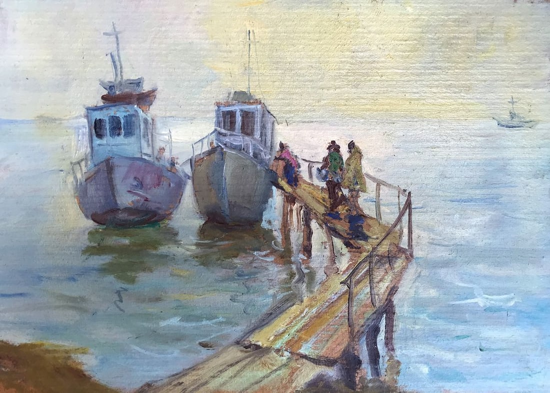 Oil painting On the pier Wihyrovskii Victor: Title: Oil painting On the pier Wihyrovskii Victor Description: NoAAA2773 The seascape painting in oil paints depicts a bustling scene of a ferry terminal with two large ships prominently featured.