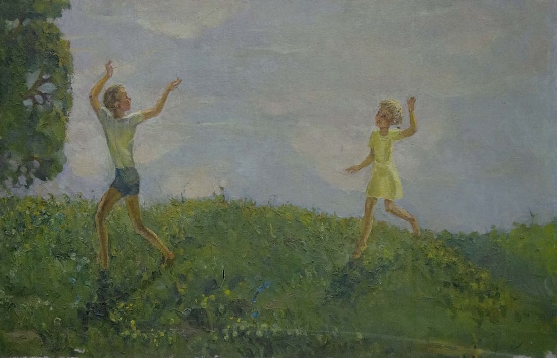 Oil painting Children walk by the pond - 2