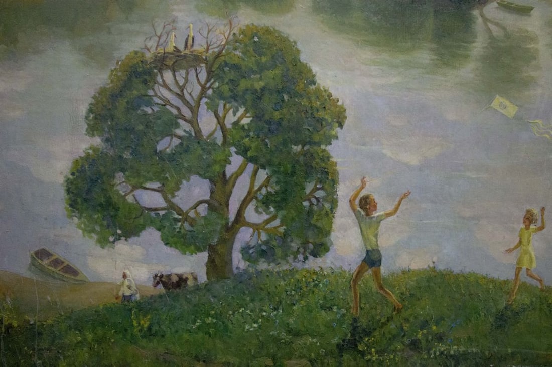Oil painting Children walk by the pond - 3