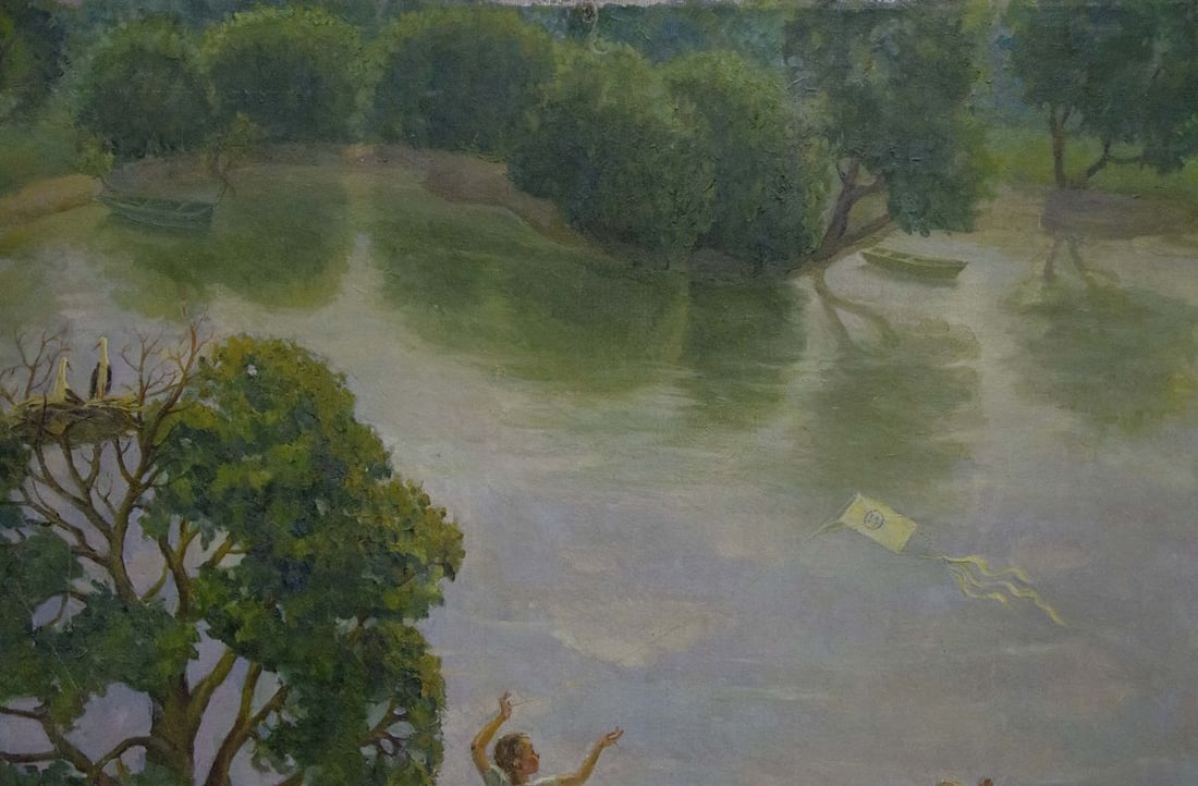 Oil painting Children walk by the pond - 5