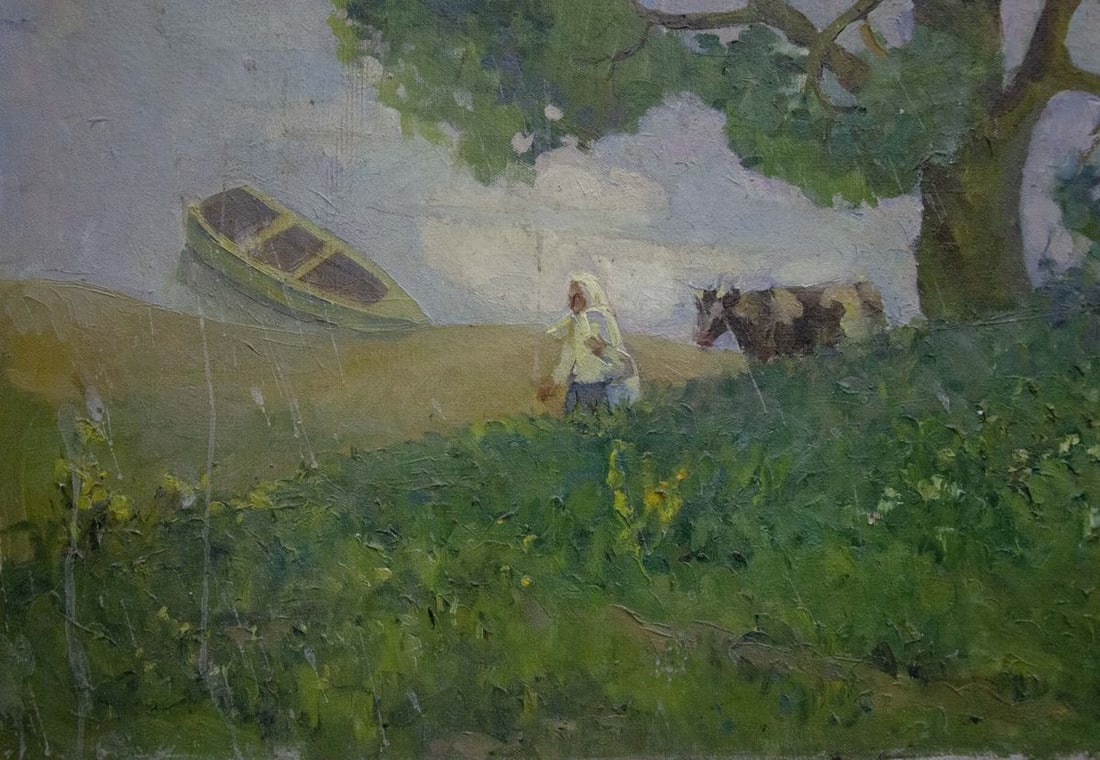 Oil painting Children walk by the pond - 6