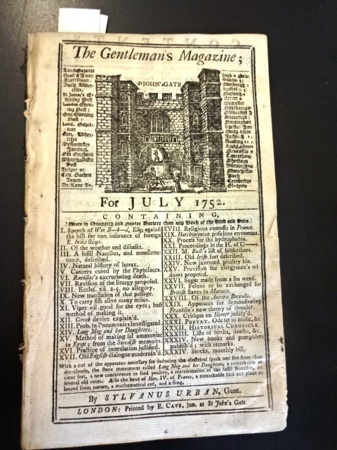 1752 Gentlemans Magazine Benjamin Franklin Electricity: Title: 1752 Gentlemans Magazine Benjamin Franklin Electricity Additional Information: The July 1752 issue of The Gentlemen's Magazine printed at London by Sylvanus Urban, 48 pages complete, including 