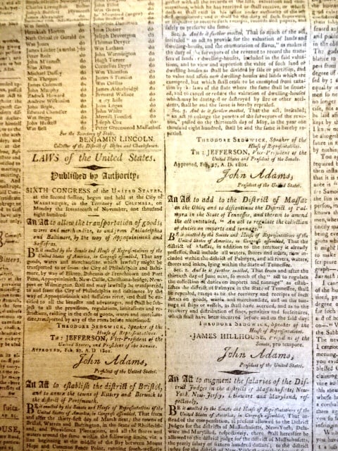 1801 Federalist Newspaper Acts Signed by John Adams - 2