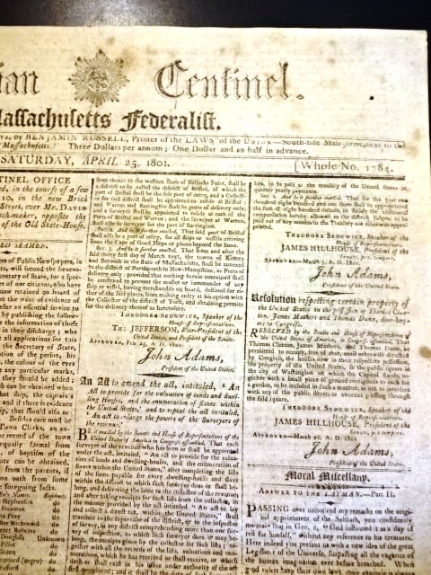 1801 Federalist Newspaper Acts Signed by John Adams - 3