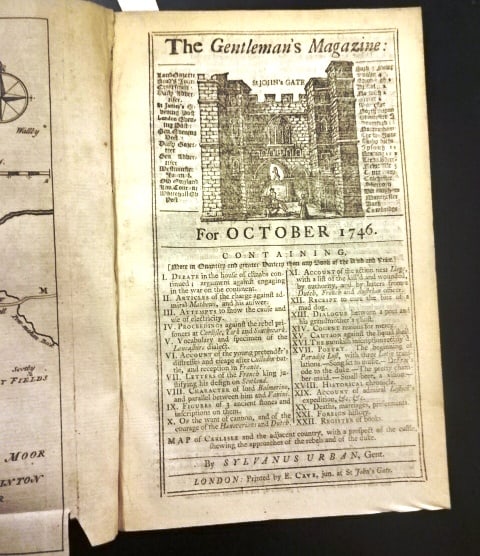 1746 Magazine Map of Carlisle Rebellion: Title: 1746 Magazine Map of Carlisle Rebellion Additional Information: The October 1746 issue of Gentlemen's Magazine printed at London by Sylvanus Urban 48 pages. Features a folding map of the countr