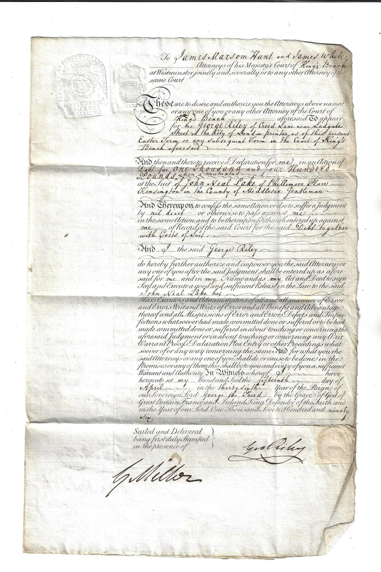 1796 English Manuscript Warrant of Attorney London: Title: 1796 English Manuscript Warrant of Attorney London Additional Information: English manuscript Warrant of Attorney from a George Riley, Printer of London, regarding a case of debt dated 1796. Th