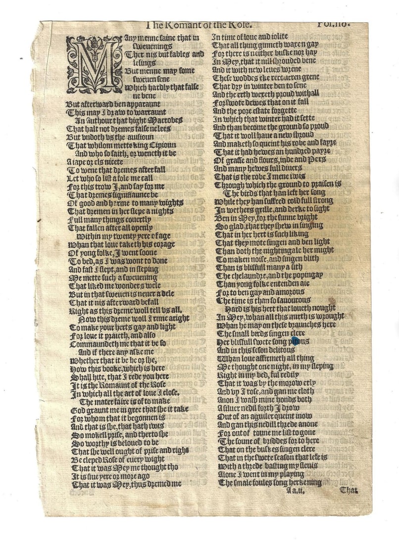 17th C Leaf Chaucer Romaunt of the Rose: Title: 17th C Leaf Chaucer Romaunt of the Rose Additional Information: A late 16th century leaf from the Works of Chaucer from the Romaunt of the Rose, printed at London. Nice initial letter, double
