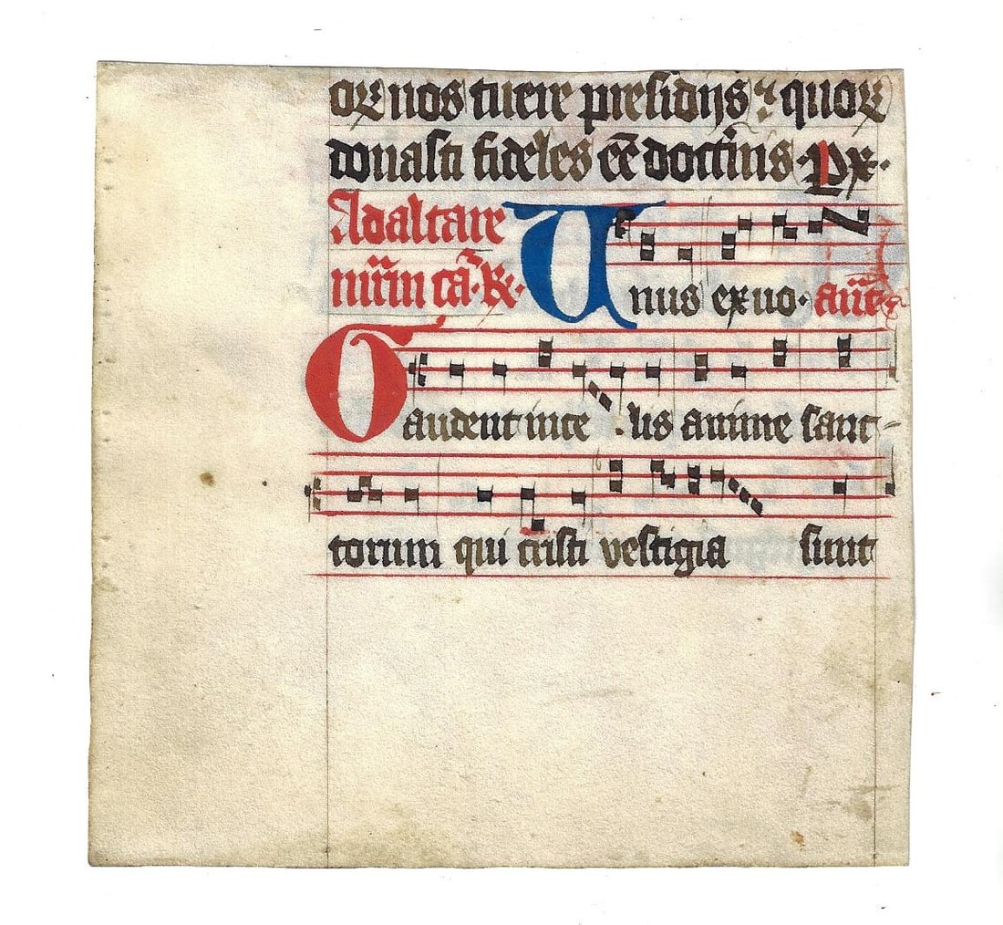 15th C Vellum Cutting Catholic Gradual: Title: 15th C Vellum Cutting Catholic Gradual Additional Information: A cutting from a 15th century Gradual with musical notation and four large initial letters in red and black. Probably of French