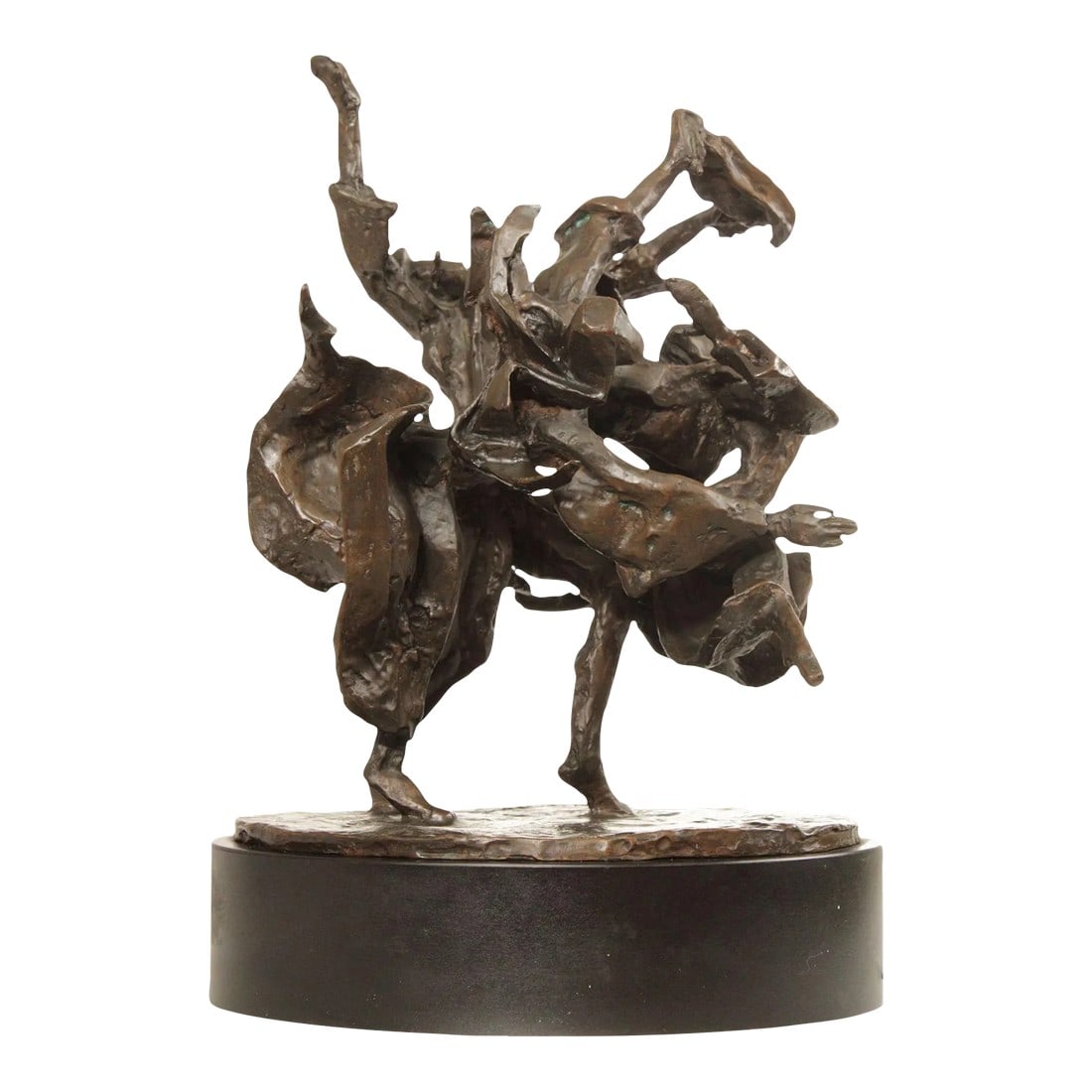 Laura Goodman Abstract Dancing Figures Bronze Sculpture: Vintage Cast Bronze Sculpture by Laura Goodman (American, 1910-2004), 'Hassidic Dancers', Signed 'L. Goodman' on the Base, Mounted to Metal Wrapped Wood Base Condition: Alterations: Original