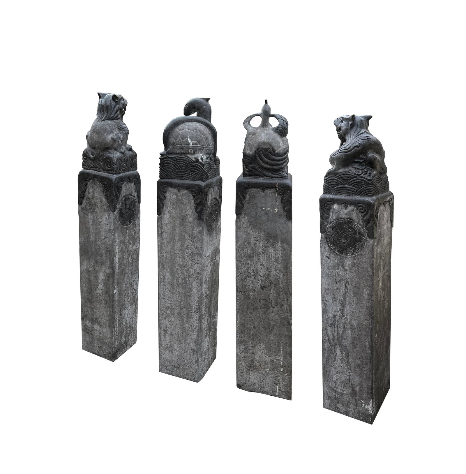Chinese Set Gray Black Stone Fengshui Four Symbols Slim Pole Statue - 3