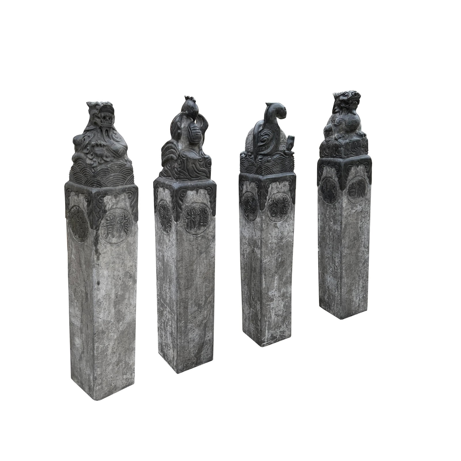 Chinese Set Gray Black Stone Fengshui Four Symbols Slim Pole Statue - 4