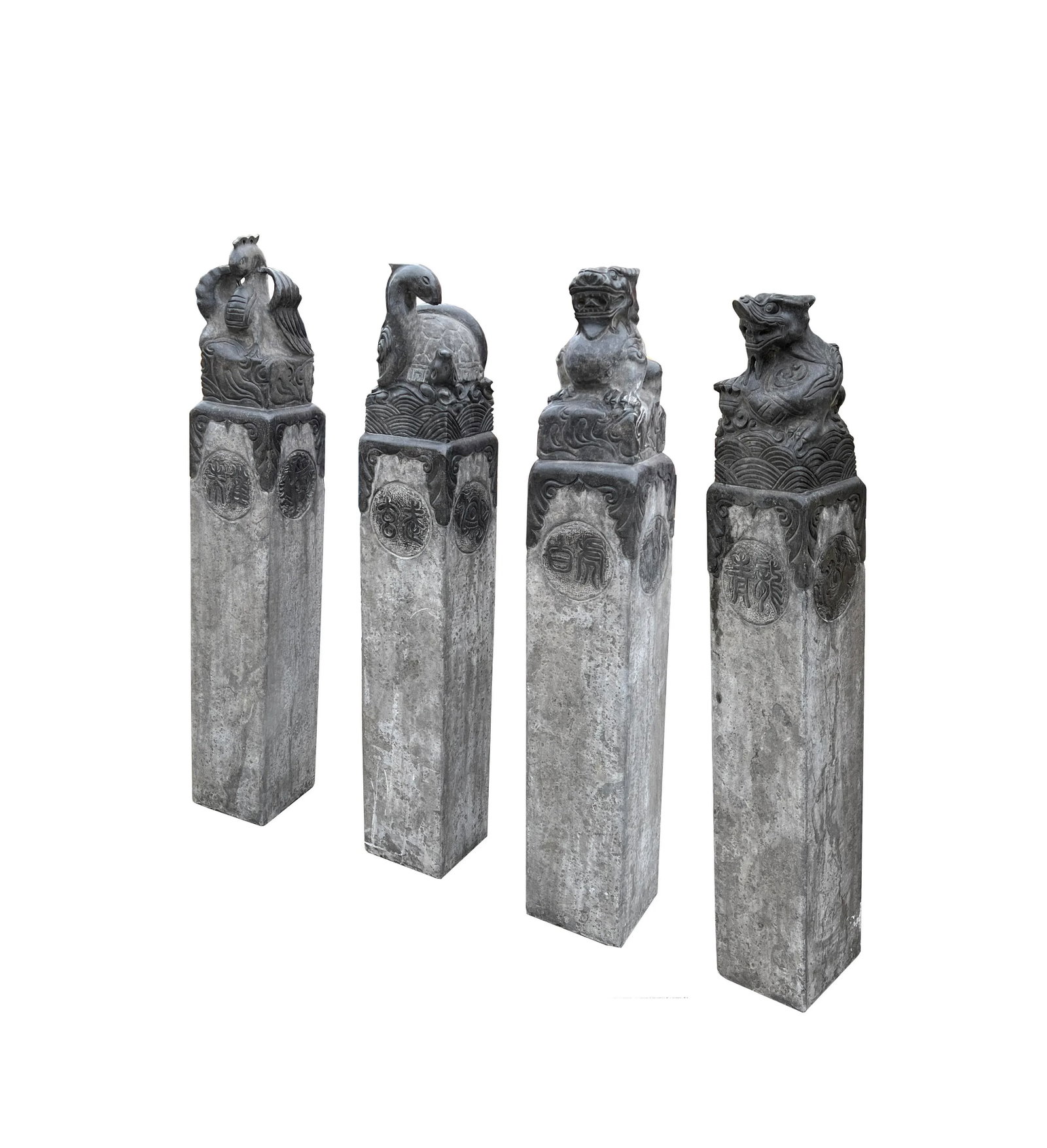 Chinese Set Gray Black Stone Fengshui Four Symbols Slim Pole Statue - 5