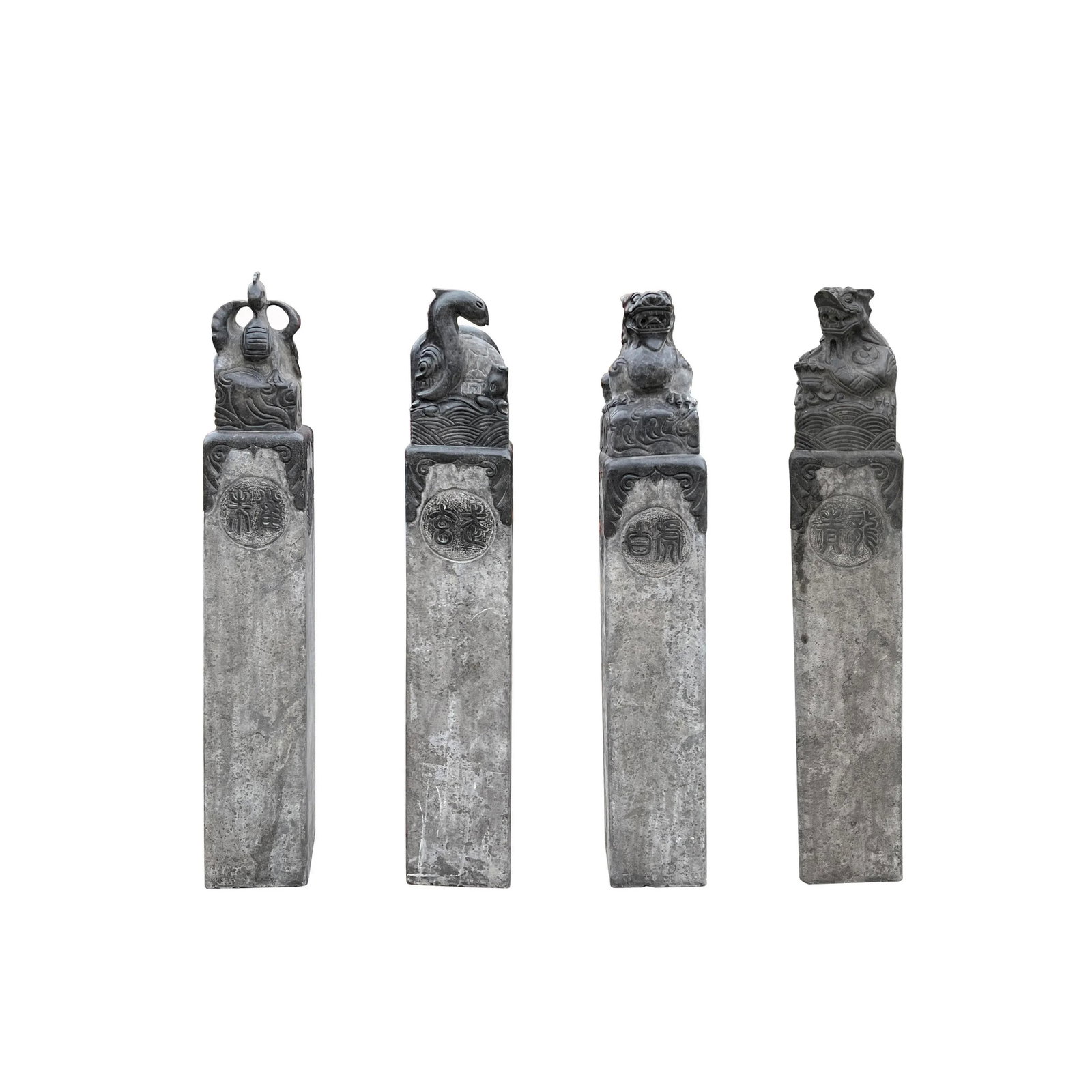 Chinese Set Gray Black Stone Fengshui Four Symbols Slim Pole Statue - 6