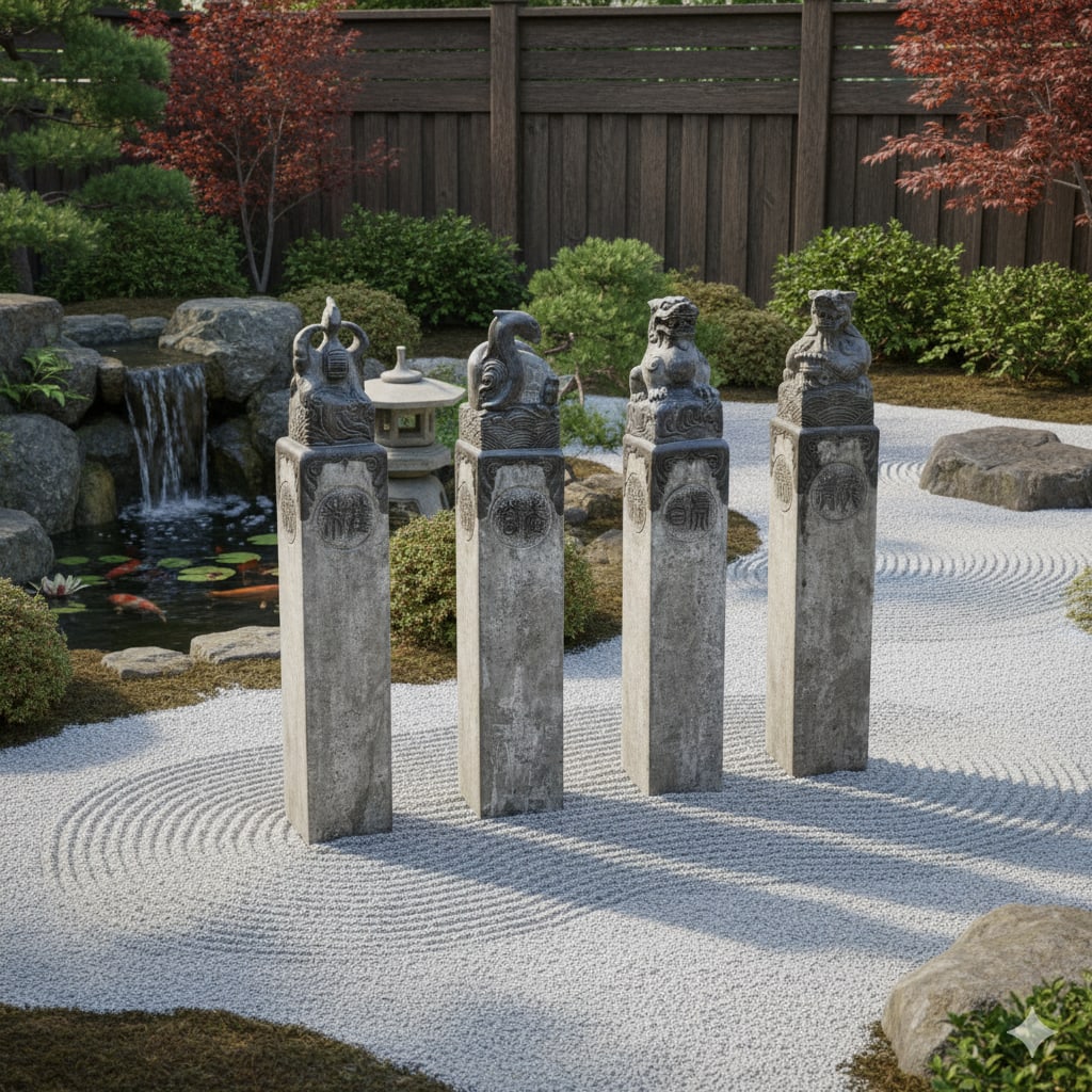 Chinese Set Gray Black Stone Fengshui Four Symbols Slim Pole Statue - 7