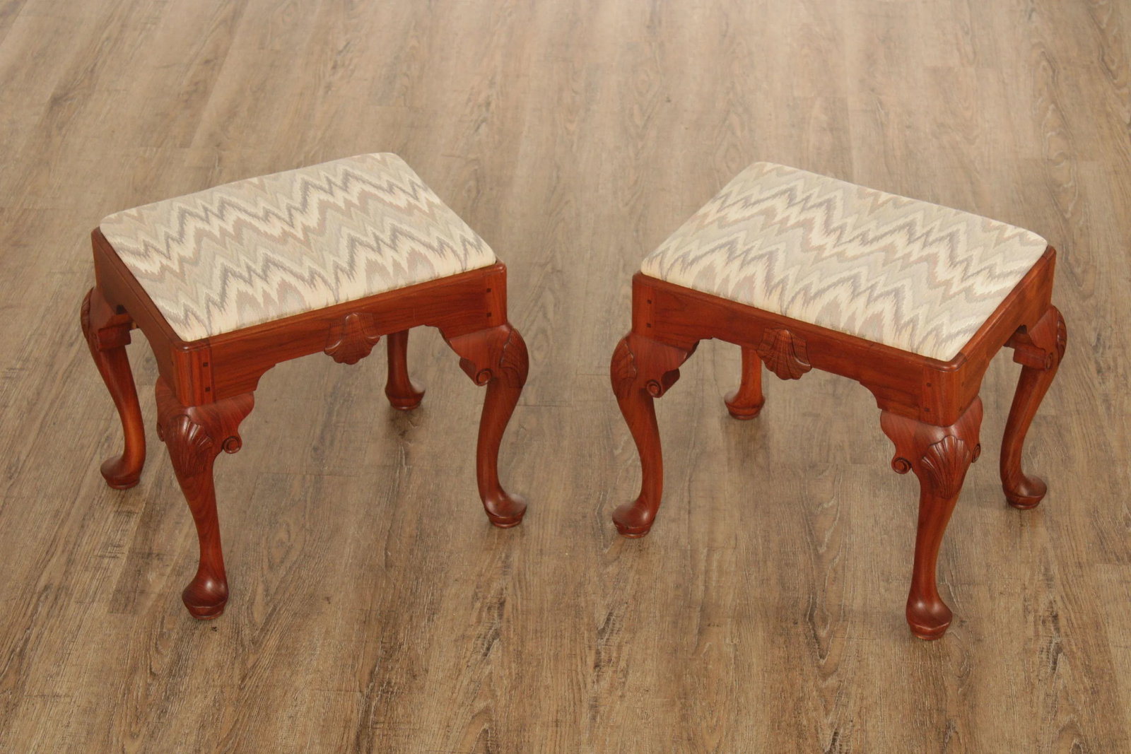 Custom Crafted Queen Anne Style Carved Walnut Stools - A Pair - 2