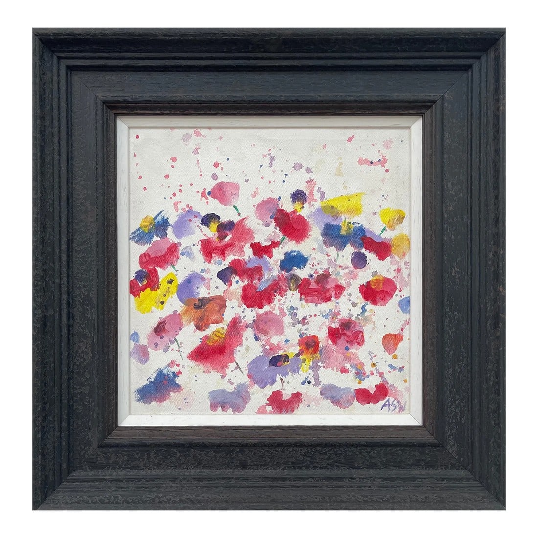 Abstract Red Blue Yellow Flower Design on White by British Contemporary Artist: Painting of Abstract Red, Blue & Yellow Wild Flowers on a White Background by British Contemporary Artist, Angela Wakefield. This original is from the 'Spring Burst' Interior Design Series. Framed in 