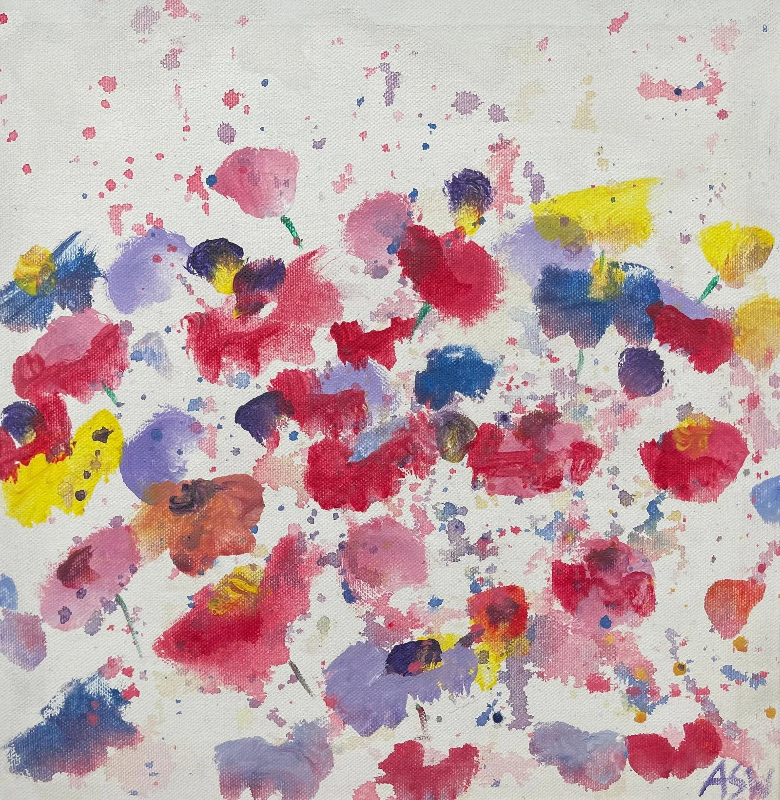 Abstract Red Blue Yellow Flower Design on White by British Contemporary Artist - 6