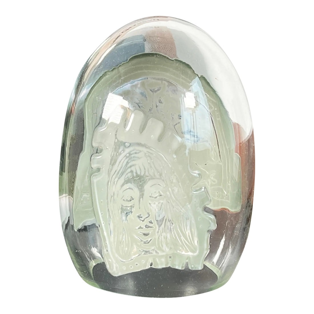Vintage Mid Century Brutalist Art Glass Egg Sculpture: Exceptional vintage c.1950's/60's brutalist art glass egg form sculpture, with an amazing applied glass decor featuring a woman's face on one side and resting lion on the other. The control and