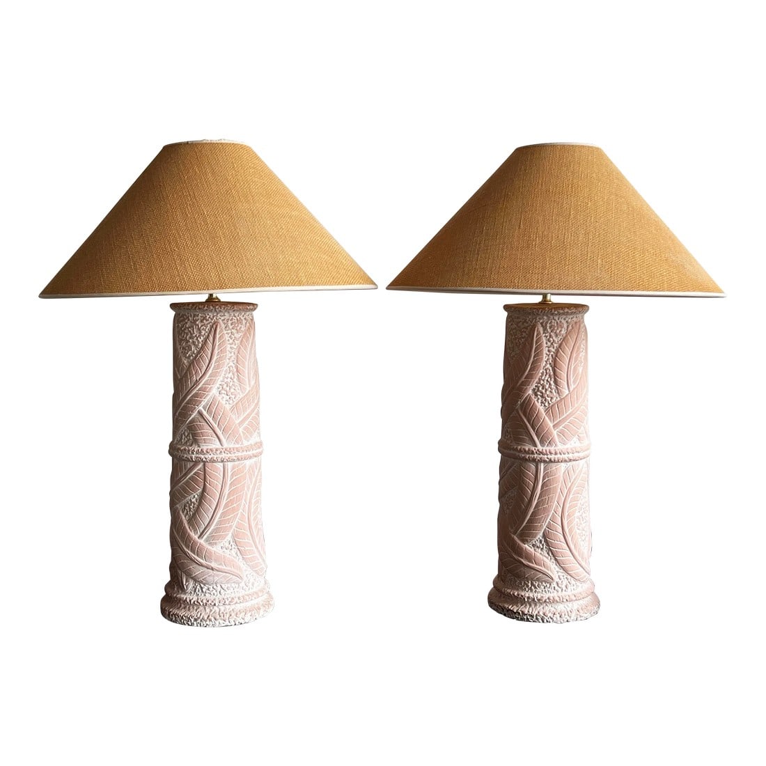 Vintage 1980's Terra Cotta Ceramic Banana Leaf Table Lamps by Harris - a Pair: Exceptional pair of vintage c.1980's ceramic table lamps with a beautiful muted terra cotta coloring, figural banana leafs intertwining around the bases, really great tropical form! Would fit in well