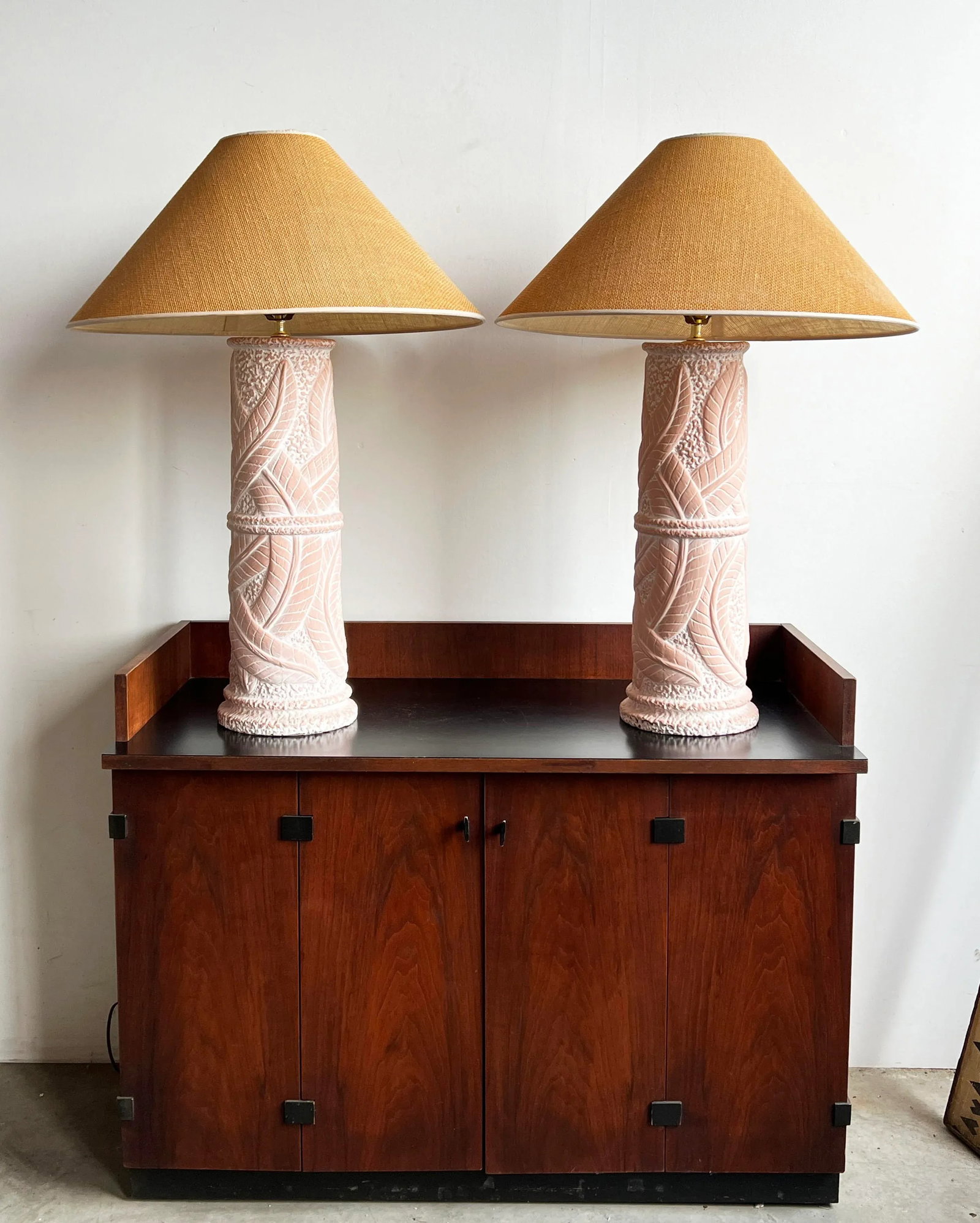 Vintage 1980's Terra Cotta Ceramic Banana Leaf Table Lamps by Harris - a Pair - 2