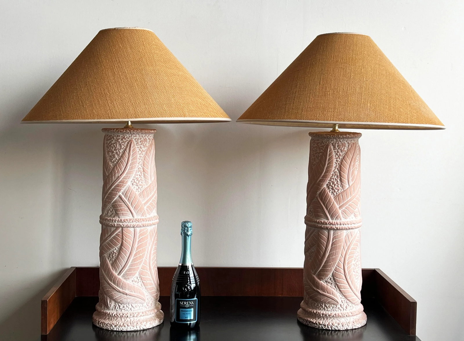 Vintage 1980's Terra Cotta Ceramic Banana Leaf Table Lamps by Harris - a Pair - 4