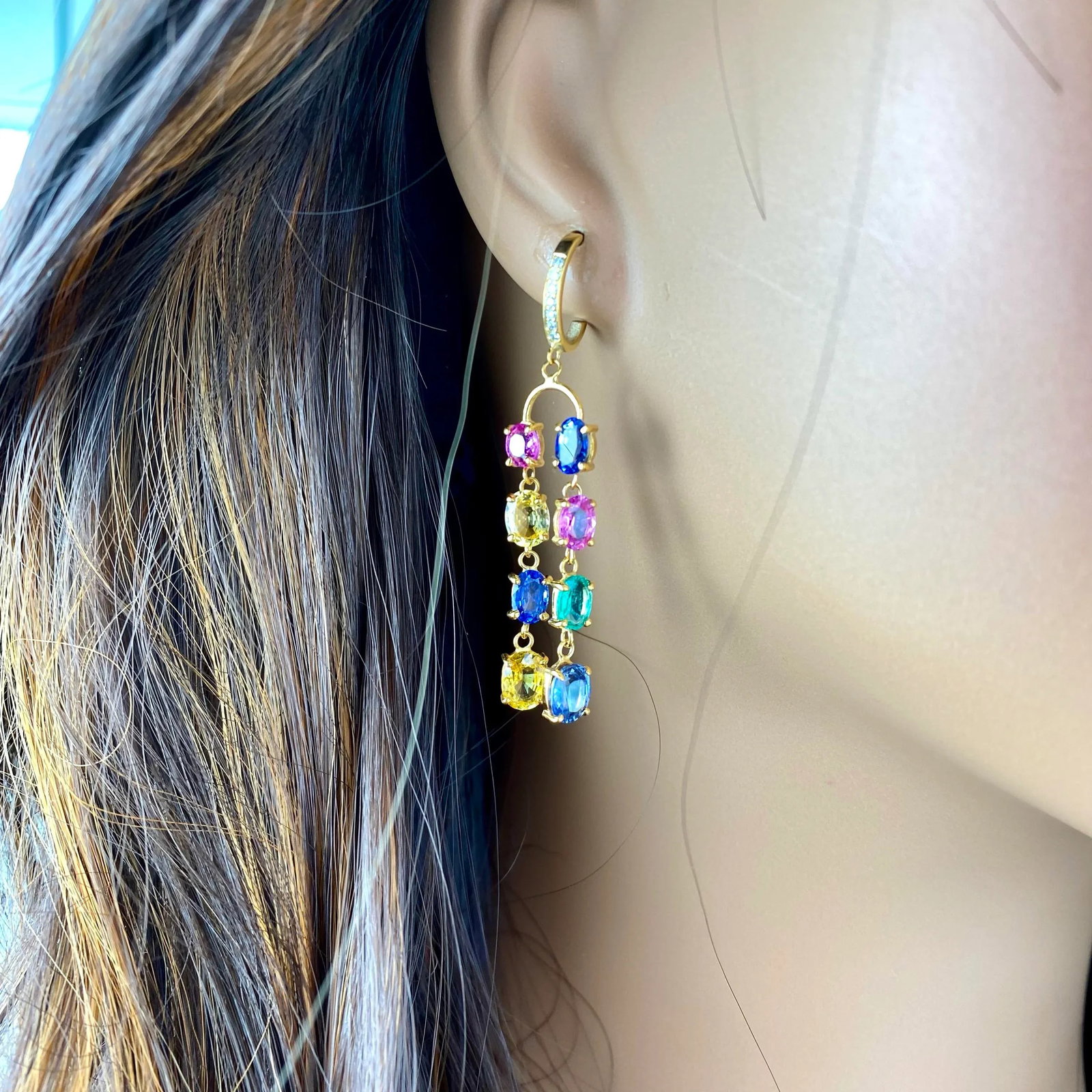 Double Lined Multi-Colorful Precious Stones 11.35 Carat 2 Inch Long 14 Karat Yellow Gold Hoop Earrin - 10