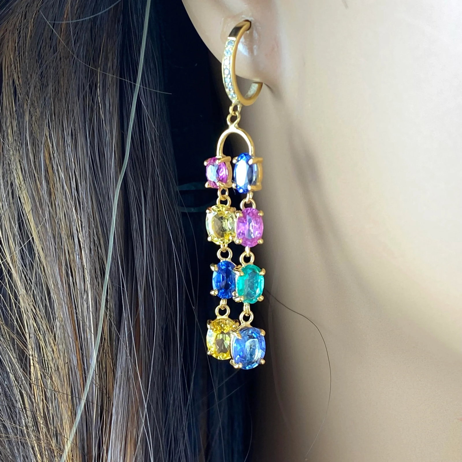 Double Lined Multi-Colorful Precious Stones 11.35 Carat 2 Inch Long 14 Karat Yellow Gold Hoop Earrin - 2