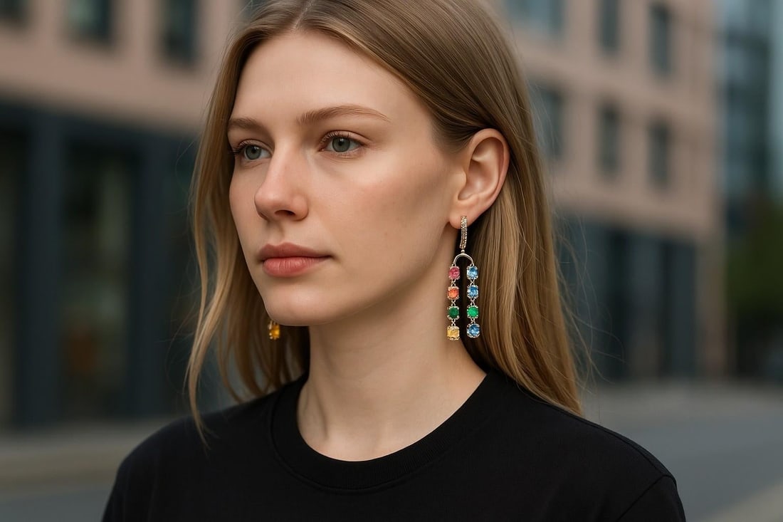 Double Lined Multi-Colorful Precious Stones 11.35 Carat 2 Inch Long 14 Karat Yellow Gold Hoop Earrin - 3
