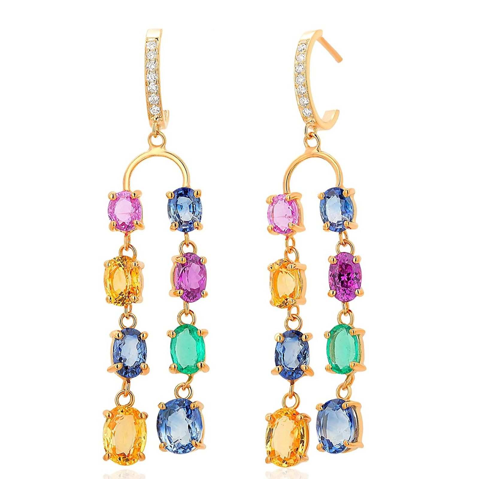 Double Lined Multi-Colorful Precious Stones 11.35 Carat 2 Inch Long 14 Karat Yellow Gold Hoop Earrin - 4