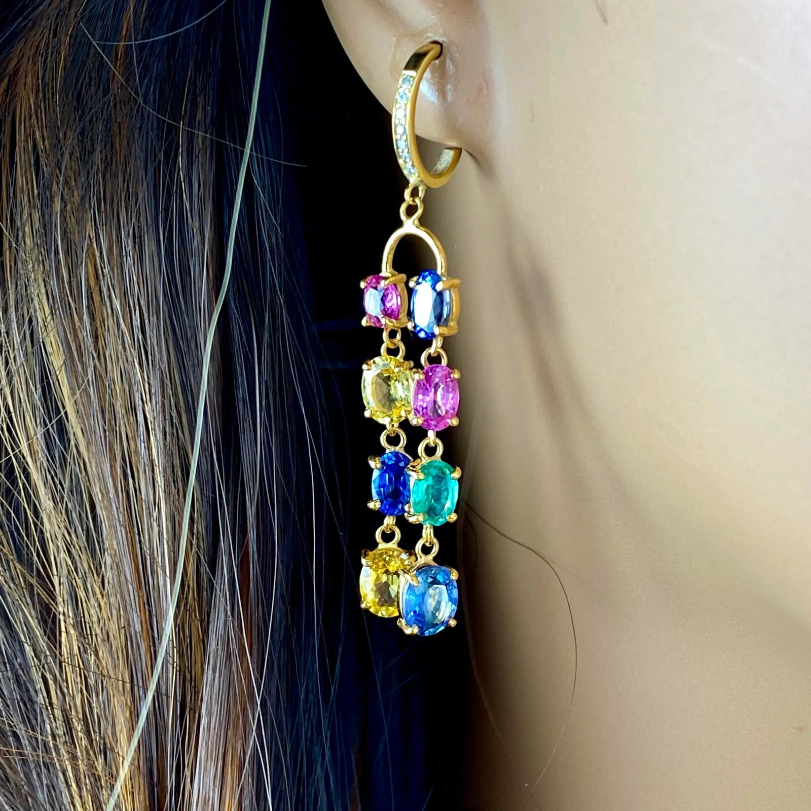 Double Lined Multi-Colorful Precious Stones 11.35 Carat 2 Inch Long 14 Karat Yellow Gold Hoop Earrin - 5