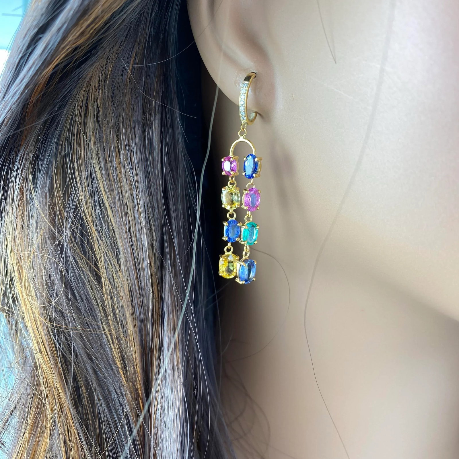 Double Lined Multi-Colorful Precious Stones 11.35 Carat 2 Inch Long 14 Karat Yellow Gold Hoop Earrin - 6