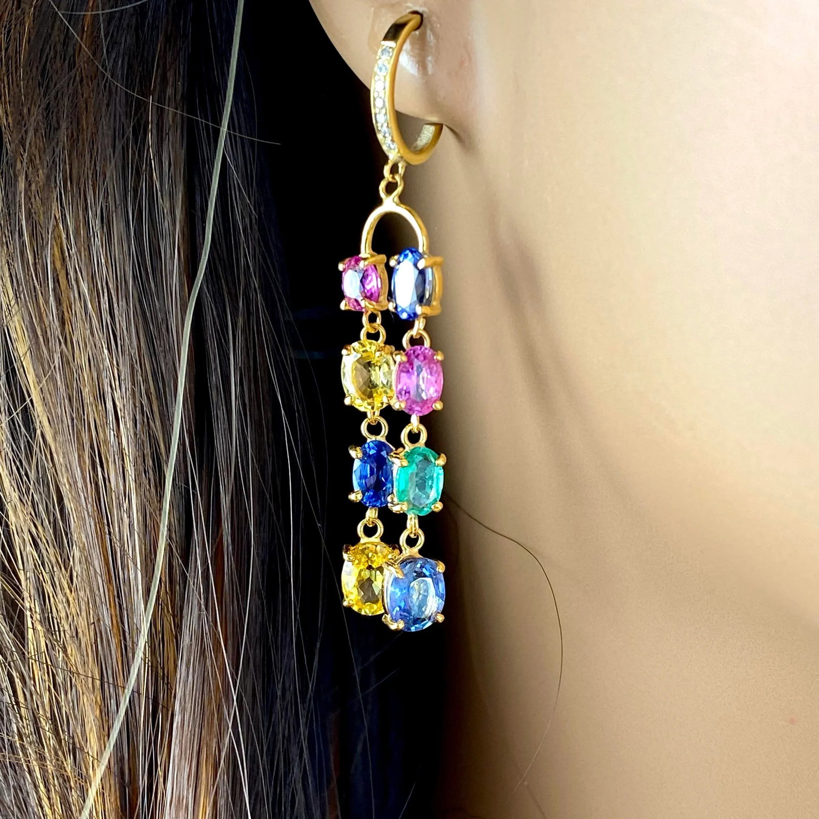 Double Lined Multi-Colorful Precious Stones 11.35 Carat 2 Inch Long 14 Karat Yellow Gold Hoop Earrin - 7